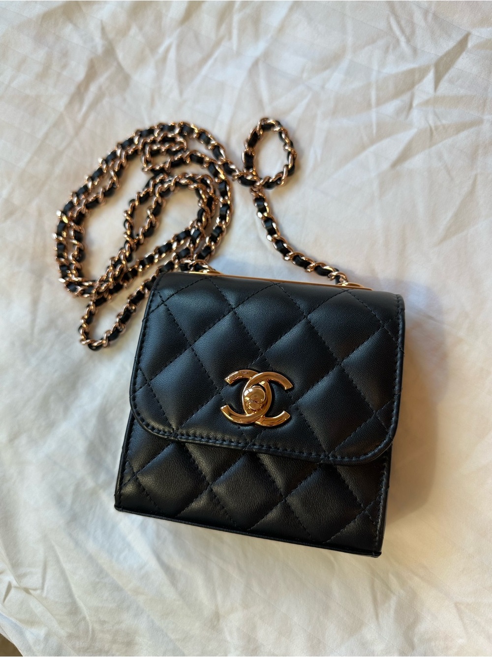 CHANEL Lambskin Quilted Mini Trendy CC Bag in Black, Rose Gold Hardware
